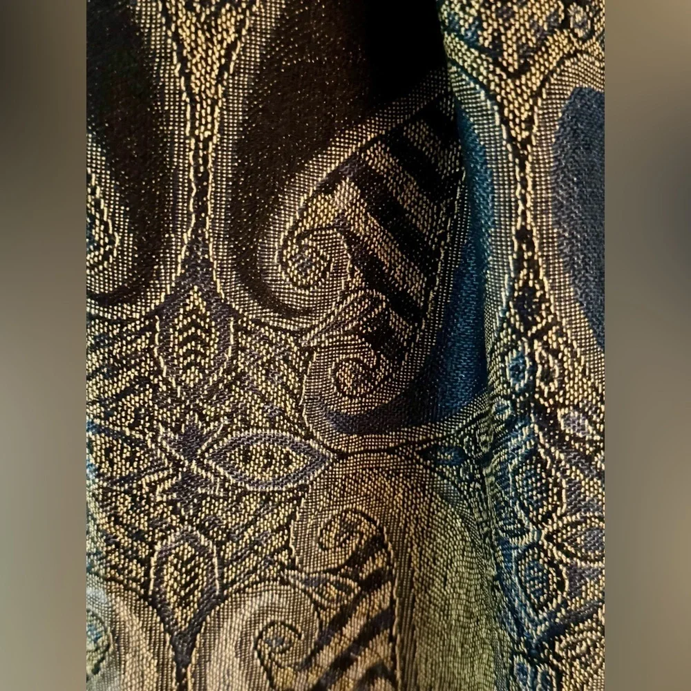 New Blue, Gold, Cream Paisley Print Soft Cozy Luxe Fringe Scarf - 67” x 28”